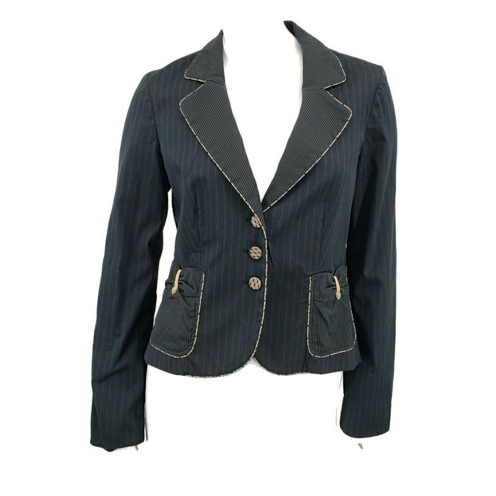 Rebecca Taylor Striped Blazer Womens Size 4 Black Lace Trim Jacket Pockets